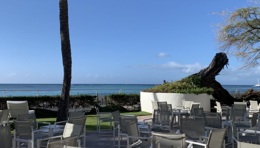 Ocean-front view from one of Halekulani's restaurants: House Without a Key