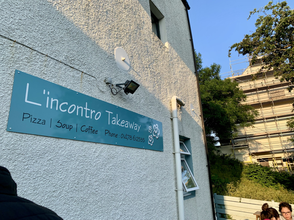 L'Incantro Takeaway Sign in Portree, Scotland. We loved this restaurant for pizza!