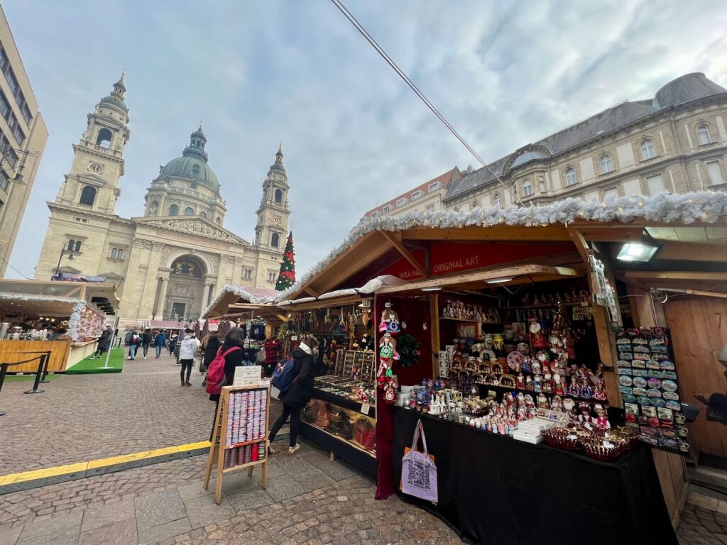 Market Stalls in Budapest's Christmas Markets sell sweaters, hats, and other fun gifts!