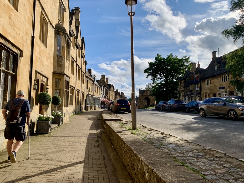 Sunny day in Chipping Campden, England. This village, centered in the Cotswolds, boasts a fantastic High Street filled with stone buildings and historic structures.