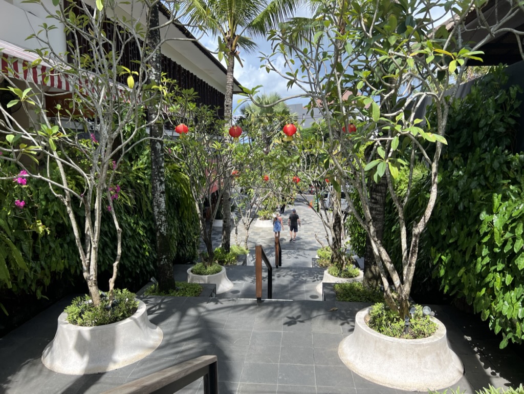 Chinese New Year red lanterns hang between trees in Bali