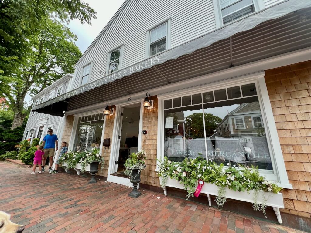 Bakery in Nantucket. Wood shingled siding with flower beds.