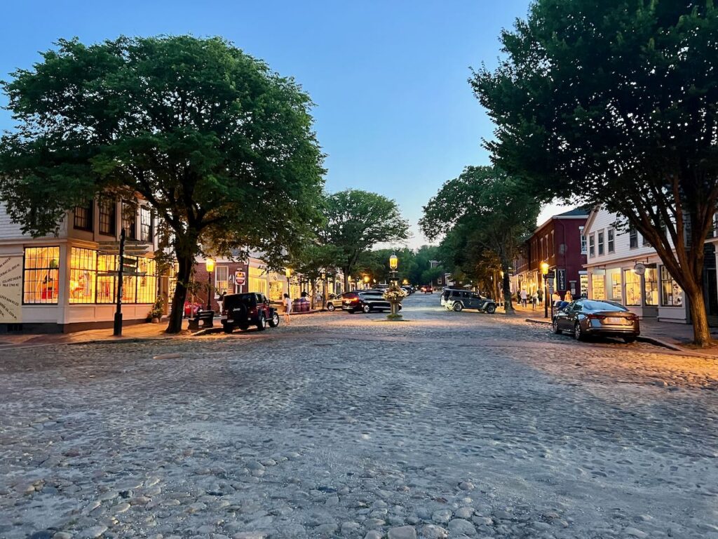 Main Street Nantucket at dusk.